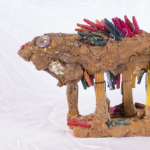 Two headed Animal Totem, 4 ½ x 8 x 2 ¼ inches; Hogmawg, clothes pins, beads, wood, music box