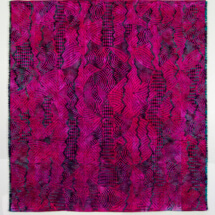 Only Passing Through: Ruby,Silk, linen, digital jacquard, hand woven TC2 loom, painted warp shifted weft ikat, 