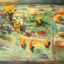 Tablescape, Oil on Paper on Panel, 35 x 59 inches
