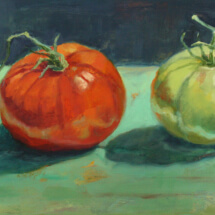 Two Tomatoes, Oil on paper on panel, 7 x 13 ¼ inches 