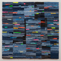 Blue Seems, denim, fabric and paint on canvas, 60 x 60 inches