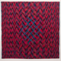 417 Merging Rhythms, linen, silk, adjusted warp ikat, digital dobby weaving, 59 ¼ x 60 inches 