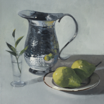 Silver Composition with Pear, Oil on panel, 19 ¾ x 16 inches