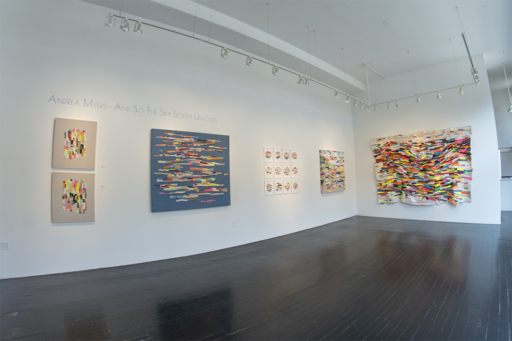 Image of gallery installation of Andrea Myers - And so the sky softly unfolds.  Includes 6 works by the artist.