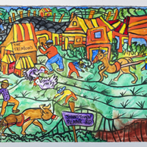 Beginnings of the Blackberry Patch: The Farmlands of the Early 1800s, Gouache on heavy stock, 42 x 184 inches