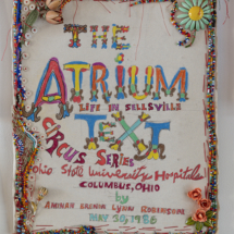 The Atrium - Life in Sellsville, Acrylic, thread, buttons, beads, on heavy stock, 14 x 11 ¼ inches 