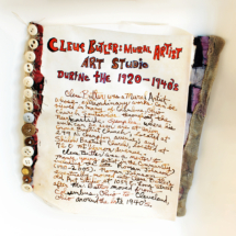 Historic Booklet: Cleus Butler, Acrylic, ink, buttons, and fabric on vellum, 16 x 14 inches 