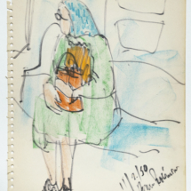 Seated Woman with Head Scarf and Bag, Crayon and marker, 11 x 8 ½ inches