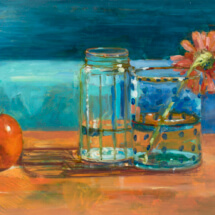 Tomato and Zinnia, Oil on paper on panel, 10 x 26 inches 